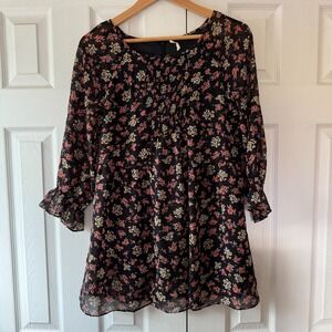 Free People Babydoll Mini Dress Black Floral Sz 4